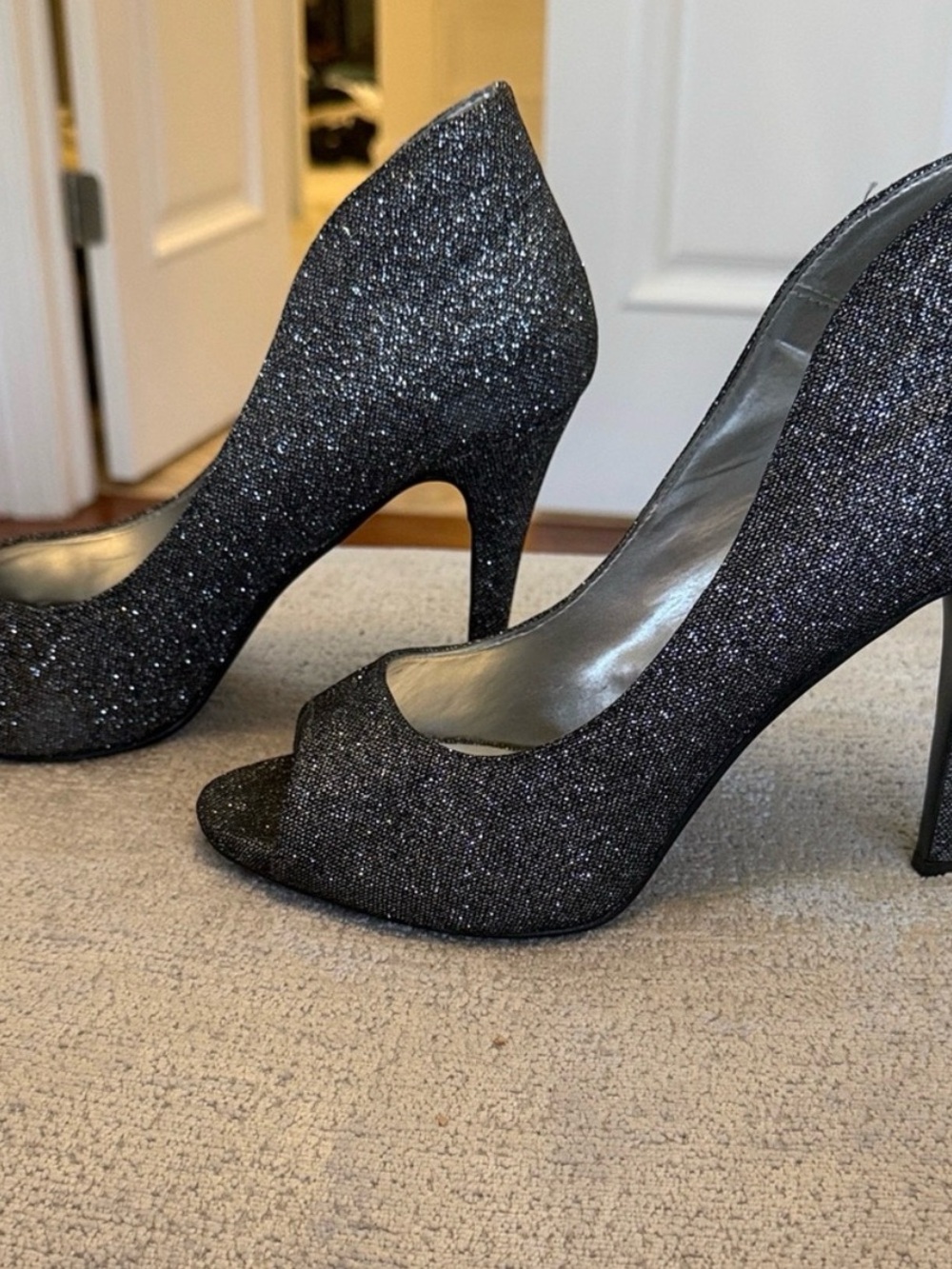 Caparros Black Silver Glitter Peep Toe Stiletto Heels Pumps 9.5